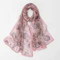 Pink floral georgette scarf with elegant botanical print for women - 160*50cm / Grey-Pink