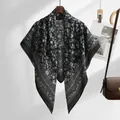 Elegant black Bali gauze square scarf with white floral print and delicate lace border detail - 110*110cm / Black Floral (SM007-8#)
