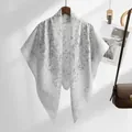 Elegant white Bali yarn floral print square scarf shawl shown draped on a hanger - 110*110cm / Light Gray Floral (SM007-9#)