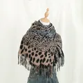 Elegante bufanda de imitación de cachemira con estampado de leopardo y borlas de invierno - Estampado de Leopardo Azul Gris