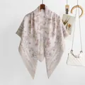 Elegant floral Bali yarn square scarf in soft pink with scalloped edge detail. - Light Khaki