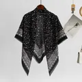 Elegant floral print Bali yarn square scarf for women in black and pink - Black Base Pink White Floral Wavy Edge (SM013-1#) / 110*110cm