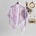 Elegant lavender floral print bali yarn square scarf for women with delicate wavy edge - Light Purple