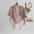 Floral printed Bali yarn square scarf in soft pink and purple tones - Light Khaki
