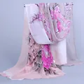 Elegante lichte chiffon sjaal met roze bloemen en vogelprint voor dames in de zomer - Bedrukte Stijl met Bloemen en Vogels in Chinese Stijl (XQ016-7#) / 150cm x 50cm / Broken Wit