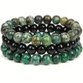 Close-up view of a three-piece natural stone bracelet set with turquoise and black beads - 8mm (ai-3 Piece Set) / African Turquoise + Shiny Stone + Green Dotted Stone