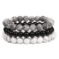 Close-up detail of stackable natural stone beaded bracelets in grey, black, and white marble. - 8mm (ai-3 Piece Set) / Map Stone + Shiny Stone + White Turquoise