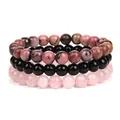 Detalle de pulseras apiladas de cuentas de piedra natural en rosa, negro y cuarzo rosa - 8mm (ai-Juego de 3 piezas) / Rodonita + Piedra Brillante + Cuarzo rosa