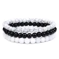 Juego de tres pulseras de cuentas de piedra natural en tonos blanco y negro para unisex. - Howlita negro brillante blanco porcelana de 6 mm