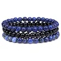 Primer plano de tres pulseras de cuentas de piedra natural apiladas azul y negro - Lapislázuli negro brillante veta azul de 6 mm