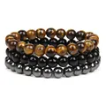 Juego de tres pulseras de piedras naturales con cuentas de ojo de tigre y hematita. - 8mm (ai-Juego de 3 piezas) / Ojo de Tigre + Piedra Pulida + Hematita