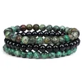 Juego de tres pulseras apilables con cuentas de turquesa verde y ónix negro pulido - 6mm (ai-Juego de 3 piezas) / Turquesa Africana + Piedra Brillante + Piedra punteada verde