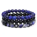Stacked natural stone beaded bracelet set featuring lapis lazuli and onyx style beads - 8mm (ai-3 Piece Set) / Lapis Lazuli + Shiny Stone + Blue Veined Stone