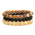 Triple-layer natural stone beaded bracelets with jasper, onyx, and yellow agate - 8mm (ai-3 Piece Set) / Picture Jasper + Shiny Stone + Yellow Topaz