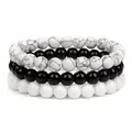 3pcs set natural stone beaded bracelets with white howlite and black onyx stones - 8mm (ai-3 Piece Set) / White Line Turquoise + Shiny Stone + Porcelain White Stone