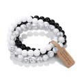 Set of 3 natural white howlite and black obsidian beaded stretch bracelets for women's stacking - White Turquoise & Glossy Black Stone Set (12) / Set of 3