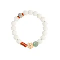 Elegante pulsera de cuentas de raíz de Bodhi blanca con dije de flor y cuenta verde - Adorno de Flor de Bodhi