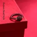 Handcrafted garnet bead ring with a unique geometric carved cinnabar centerpiece - Fret Pattern Bead Style / Copper Fittings / Burgundy