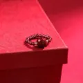 Red cinnabar garnet beaded ring with Buddhist mantra engraving for women - Six-word Mantra Style / Copper Fittings / Burgundy