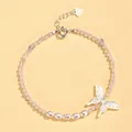 Elegant beaded bracelet with pink crystals, natural pearls, and a silver butterfly charm - Pink Crystal Freshwater Pearl Shell Butterfly Bracelet