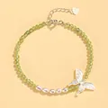 Elegant green crystal bead bracelet with freshwater pearls and shell butterfly charm in silver - Olivine Freshwater Pearl Shell Butterfly Bracelet