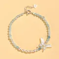 Elegant aquamarine crystal beaded bracelet featuring pink pearls and butterfly charm. - Aquamarine Freshwater Pearl Shell Butterfly Bracelet