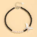 Elegant black crystal beads and pink freshwater pearl bracelet with white butterfly - Black Pointy Crystal Freshwater Pearl Shell Butterfly Bracelet