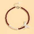 Handmade red crystal and freshwater pearl bracelet with S925 silver butterfly charm - Garnet Freshwater Pearl Shell Butterfly Bracelet