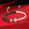 Bracelet trèfle en argent 925 fait main avec corde tissée bleu/crème et perles d'agate - Bracelet Trèfle à Quatre Feuilles Tressé à la Main / Bleu