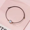 Minimalist hand-woven brown cord bracelet with shimmering labradorite bead - Rainbow Moonstone - Black Rope