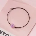Minimalist pink strawberry crystal bead bracelet with a dark brown handmade woven cord - Lavender Amethyst - Brown Rope