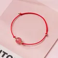 Minimalist handmade red cord bracelet with a natural pink strawberry quartz bead. - Strawberry Quartz - Red Rope