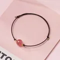 Minimalist handmade braided bracelet with pink strawberry quartz bead for women - Strawberry Quartz - Brown Rope