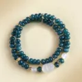 Double-layer dark teal chalcedony beaded bracelet featuring white carved Pixiu charm - Chalcedony Pixiu Agate Style