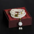 Natural white Bodhi root 108 prayer beads bracelet featuring a carved lotus pendant - Apple Round with Open Lotus (108 Beads) / 6X8mm / Cream