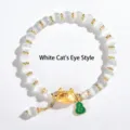 Witte kattenoog kralenarmband met gouden draak dierenriem bedel en groene kalebas hanger - Wit