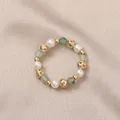 Elastic ring with natural freshwater pearls, aventurine and gold-tone hollow beads. - Freshwater Pearl (Green Aventurine)