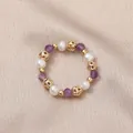 Elastic beaded ring with natural freshwater pearls and faceted purple amethyst beads - Freshwater Pearl (Amethyst)