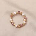 Elegant elastic ring featuring natural freshwater pearls and strawberry quartz beads - Artificial Pearl (Strawberry Quartz)