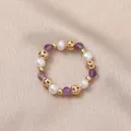 Handmade elastic beaded ring with natural freshwater pearls and purple amethyst gems. - Artificial Pearl (Amethyst)