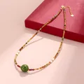 Beaded necklace with green lacquer bead and freshwater pearls, elegant Chinese style - Tourmaline Style Freshwater Pearl Lacquer Bead Necklace / Colorful
