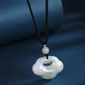 White jade Ruyi lock pendant necklace with auspicious cloud design on black cord - Tianshan Jade Xiangyun Ruyi Lock