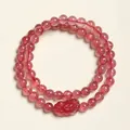 Bracciale a doppio filo in cristallo di fragola rosa naturale con ciondolo Pixiu inciso - Bracciale Pixiu Quarzo Fragola