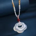 Traditional Ruyi lock pendant necklace with white chalcedony and silver beads - 999 Silver Xiangyun Ruyi Lock White
