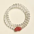 Bracciale a doppio giro con perle di quarzo trasparente e ciondolo in quarzo fragola. - Bracciale Pixiu Quarzo Fragola Cristallo Bianco