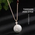 Tianshan green jade Ping'an kou donut pendant necklace with adjustable woven cord - Tianshan Cui Style