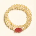 Bracelet double rang en quartz rutilé doré avec breloque quartz fraise - Bracelet Pixiu Quartz Rutilé Quartz Fraise
