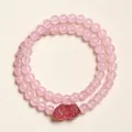 Bracelet double rang en quartz fraise rose naturel avec breloque Pixiu gravée - Bracelet Pixiu Quartz Rose Quartz Fraise