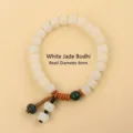 Elegant natural white bodhi root prayer bracelet with 6mm beads and green accent charm - Single Loop Beaded Style / 6mm Bead Diameter / Cream