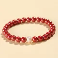 Handmade elegant natural freshwater pearl and red cinnabar beaded bracelet for women - 6mm Bead Diameter / 6mm Cinnabar Red With White Pearl